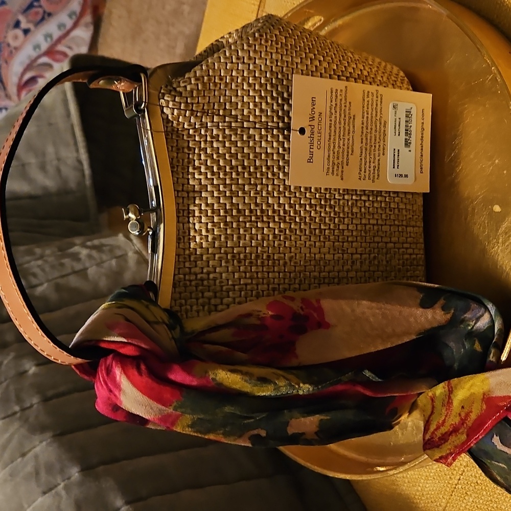 Patricia Nash Beige Woven Mini Bag with Multicolor Scarf Accent - Picture 7 of 8